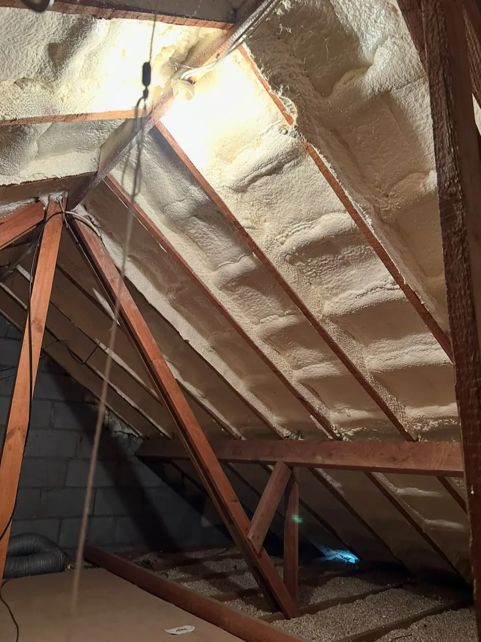 Closed cell spray foam covering the underside of a roof between the rafters