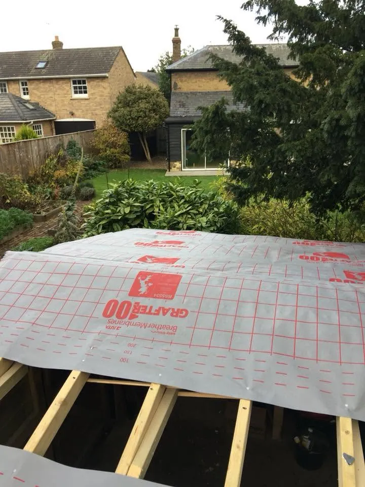 New rafters and breathable membrane on a garden workshop roof